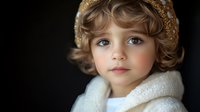 Young girl with curly blonde hair and blue eyes wearing white winter coat and gold sequin headband against dark background, soft portrait lighting.