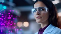 Young female scientist in protective eyewear and lab coat looking up confidently against blurred purple bokeh background, representing research and innovation in science.