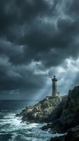 Lighthouse standing on rocky coastal cliff under dramatic stormy sky with dark clouds and ocean waves crashing below, suitable for weather, maritime, and atmospheric backgrounds.