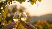 Two hands toasting with white wine glasses under grapevines at golden hour sunset in vineyard landscape for celebration and romantic moments.