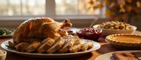 Golden roasted turkey centerpiece with cranberry sauce and pumpkin pie on wooden table for traditional holiday feast celebration dinner.