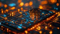 Miniature house model on computer circuit board with glowing orange and blue bokeh lights, representing smart home technology and digital real estate concept.