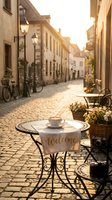 Cozy outdoor cafe table with coffee cup and welcome sign on cobblestone European street at golden hour sunrise, warm romantic atmosphere.
