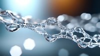 Crystal clear water drops forming delicate chain structure against blurred blue and orange background, macro photography showing surface tension and liquid connections.
