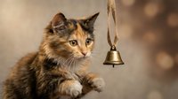 Fluffy calico kitten reaching for a hanging brass bell on a soft bokeh background, capturing a curious and playful moment.