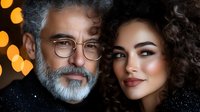 Mature bearded man with glasses and young mixed race woman with curly hair pose together against dark background with golden bokeh lights and glitter effect.