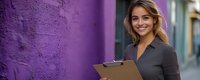 Young Hispanic businesswoman with clipboard smiling against purple wall background, professional corporate portrait in casual business attire.