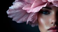 Young Caucasian woman with blue eyes and pink lips partially covered by large pink peony petals against dark background, dramatic beauty portrait for cosmetic advertising.