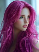 Young Caucasian woman with vibrant magenta pink hair and bright blue eyes gazing sideways, featuring natural makeup and soft lighting creating dreamy atmosphere.