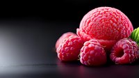 Fresh ripe raspberries with water drops on dark background, macro shot with selective focus and copy space for text. Perfect for food packaging design.