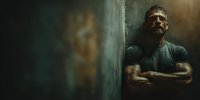 Mature bearded man with crossed arms leaning against wall in dramatic lighting. Contemplative mood with shadows and warm tones for storytelling projects.