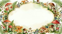 Watercolor forest frame with mushrooms, ferns, and berries surrounding a blank label, perfect for nature-themed stationery and greeting cards.