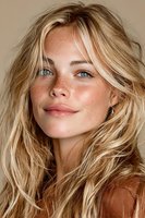 Young blonde woman with freckles and natural makeup smiling warmly at camera. Studio portrait with soft lighting for beauty and skincare campaigns.