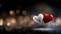 Red and white heart shapes floating with magical sparkles and bokeh lights on dark background, romantic Valentine's day concept for greeting cards and love declarations.