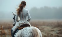 Young woman with long braided hair in vintage white dress riding spotted white horse through misty autumn field at dawn, view from behind, atmospheric countryside scene.