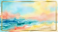 Watercolor seascape with golden frame featuring turquoise ocean waves, sandy beach, and vibrant sunset sky in warm and cool tones. Suitable for coastal wall art and home decor.