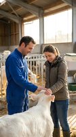 Veterinarian and farmer examining white goat in modern barn facility for livestock health care and agricultural management.