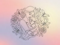 Tender mother holding newborn baby surrounded by roses and lilies in delicate line art style on gradient background for motherhood and family designs.