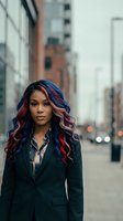 Young woman with long wavy hair featuring blue and red highlights, wearing black blazer and striped shirt, standing in urban street with blurred city buildings background.