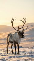 Majestic reindeer with large antlers standing in snowy arctic landscape during golden hour sunset creating warm atmospheric lighting for wildlife photography.