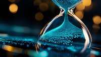 Hourglass with flowing blue sand against dark background with golden bokeh lights creating magical atmosphere and concept of time passing.