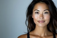 Young Asian woman with natural makeup and glowing skin smiling confidently against gray background, wearing black top. Professional beauty and wellness portrait.