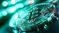Metallic cryptocurrency coin with circuit pattern detail on turquoise bokeh background, macro view showing digital currency technology and financial innovation.
