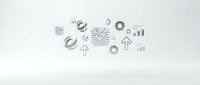 Isolated gray business and technology icons including gears, charts, and growth symbols on white background, ready for web design, presentations, and digital marketing materials.