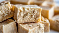 Creamy vanilla fudge pieces stacked in layers showing soft, buttery texture and crumbly edges, macro food photography with selective focus on sweet dessert.