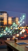 Digital growth chart with green upward trending arrows overlaying blurred city skyline at dusk. Business analytics visualization on transparent screen.