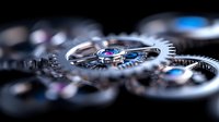 Macro shot of luxury watch mechanism with metallic gears and jewels showing precise engineering details. Selective focus highlights intricate mechanical components.