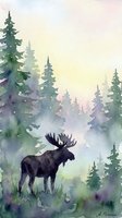 Watercolor moose silhouette in misty forest with evergreen trees and soft pastel colors for nature artwork and wilderness themed designs.