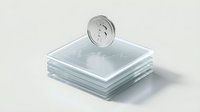 Stack of transparent glass plates with metallic coin on top isolated on white background for modern design projects and presentations.