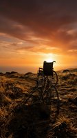 Silhouetted wheelchair on arid terrain at golden hour sunset with dramatic orange sky, conveying themes of independence, perseverance, and overcoming obstacles in nature.