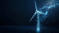 Glowing wind turbine with digital particle effects against dark background illustrates renewable energy technology and sustainable power generation concept.