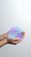 Hands holding glowing holographic sphere with rainbow colors floating above palms against neutral background for technology and innovation concepts.