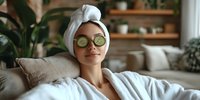 Young Asian woman relaxing at home with face mask and cucumber slices on eyes, wearing white towel on head, lying on couch during spa skincare routine.