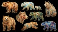 Watercolor bear clipart set with folk art and celestial styles, isolated on transparent background. Great for stickers, t-shirt design, print on demand, and sublimation.