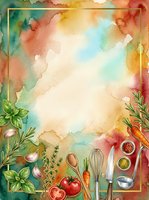 Watercolor cooking background with fresh vegetables, herbs, and kitchen utensils arranged on colorful painted surface. Isolated design element ready for recipe cards, menus, and culinary projects.