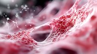 Microscopic view of red and white molecular structure with interconnected mesh network floating in blurred biological environment, scientific visualization.
