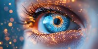 Vibrant blue eye with golden glitter sparkles and long eyelashes in macro photography. Magical fantasy makeup concept with bokeh light effects and shimmering particles.