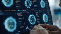 Scientist analyzing virus cell structure on digital screens in modern laboratory. Medical research data visualization showing molecular details and genetic code.