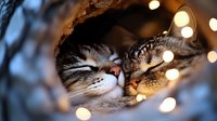 Two sleeping cats snuggling close together with soft bokeh lights in background creating cozy, romantic atmosphere. Tender moment of feline companionship.