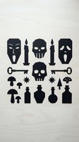 Dark gothic silhouette collection with skulls, masks, candles, keys, bottles and mushrooms isolated on white background for Halloween design projects.