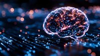 Glowing digital brain with neural network connections floating over circuit paths, illuminated by blue and orange lights against dark background with bokeh effect.
