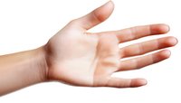 Open palm of young caucasian woman showing empty hand gesture against white background, isolated cutout for design and medical concepts.