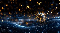 Microscopic coronavirus cell floating over dark blue surface with golden bokeh lights and glowing particles creating dramatic scientific atmosphere.