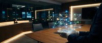 Modern office conference room with wooden table, contemporary lighting, and holographic network visualization displayed above surface, representing digital connectivity and business innovation for corporate environments.