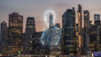 Digital human figure made of glowing particles stands against illuminated city skyline at dusk, representing artificial intelligence, technology innovation, and digital transformation in urban environment.