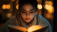 Young Asian woman in glasses reading book in warm evening light with bokeh effect, cozy sweater, peaceful contemplative expression, soft focus portrait.
